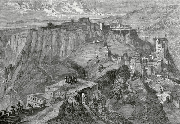Ronda, province of Malaga, Andalusia, Spain. General view of the town. Engraving. Cronica General de Espana, Historia Ilustrada y Descriptiva de sus Provincias (General Chronicle of Spain, Illustrated and Descriptive History of its Provinces), Andalucia, 1869.