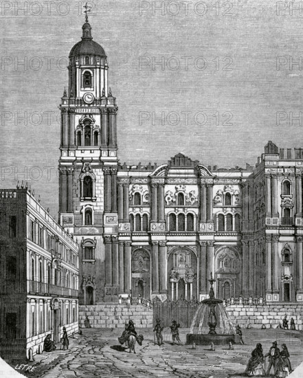 Malaga, Andalusia, Spain. View of the cathedral. Drawing by Letre. Engraving by Sierra. Cronica General de Espana, Historia Ilustrada y Descriptiva de sus Provincias (General Chronicle of Spain, Illustrated and Descriptive History of its Provinces), Andalucia, 1869.