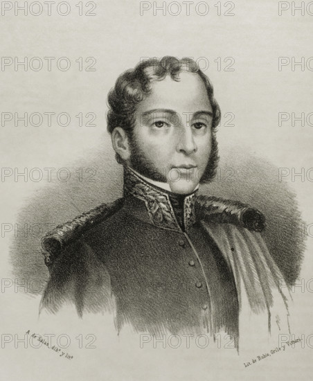 Juan Lopez Pinto (1788-1831). Spanish military officer born in Cartagena, member of the Artillery Corps. He took part in the Peninsular War. Shot with General Torrijos on the beach in Malaga. Portrait. Drawing by A. de Salas. Lithography. ""Cronica General de Espana, Historia Ilustrada y Descriptiva de sus Provincias. Andalucia"", 1869.
