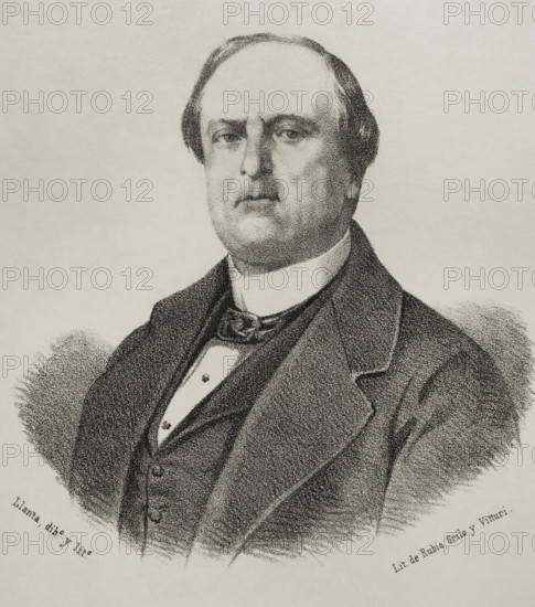 Jose de Salamanca y Mayol (1811-1883), 1st Marquess of Salamanca and 1st Count of los Llanos. Spanish aristocrat, businessman and politician. Promoter of the first Spanish railway lines. Portrait. Drawing by Llanta. Lithography. ""Cronica General de Espana, Historia Ilustrada y Descriptiva de sus Provincias. Andalucia, 1869"".