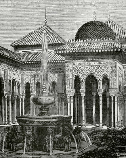 Granada, Andalusia, Spain. Alhambra. Patio and Fountain of the Lions. Engraving by Soriano. Cronica General de Espana, Historia Ilustrada y Descriptiva de sus Provincias (General Chronicle of Spain, Illustrated and Descriptive History of its Provinces), Andalucia, 1869.