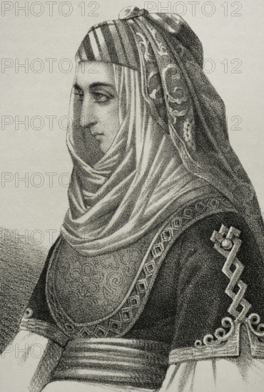 Aisha bint Muhammad ibn al-Ahmar (15th century), called Aisha al-Hurra or Aixa. Queen of the Nasrid dynasty. Wife of the Nasrid king Abu'l-Hasan Ali ibn Sa'd (Muley Hacen) (1436-1485) and mother of Abu Addallah Muhammad XII (Boabdil) (1459-1533). Portrait. Drawing by Llanta. Lithography. Detail. ""Cronica General de Espana, Historia Ilustrada y Descriptiva de sus Provincias. Andalucia"", 1869.