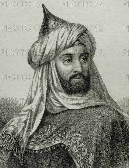Muhammad I of Granada (1195-1273), also known as Ibn al-Ahmar. First ruler or the Emirate of Granada, the last independent Muslim state of the Iberian Peninsula (Nasrid dynsty). Portrait. Lithography. ""Cronica General de Espana, Historia Ilustrada y Descriptiva de sus Provincias. Andalucia"", 1869.