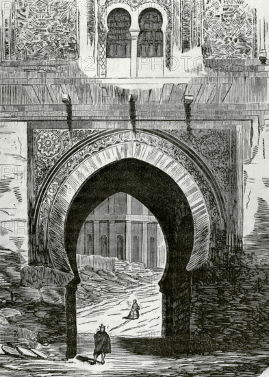Granada, Andalusia, Spain. Puerta del Vino (Gate of Wine), inner side. Main entrance gate to the Medina of the Alhambra. Its construction is attributed to the time of the Sultan Muhammad III (1302-1309). Engraving. Cronica General de Espana, Historia Ilustrada y Descriptiva de sus Provincias (General Chronicle of Spain, Illustrated and Descriptive History of its Provinces), Andalucia, 1869.
