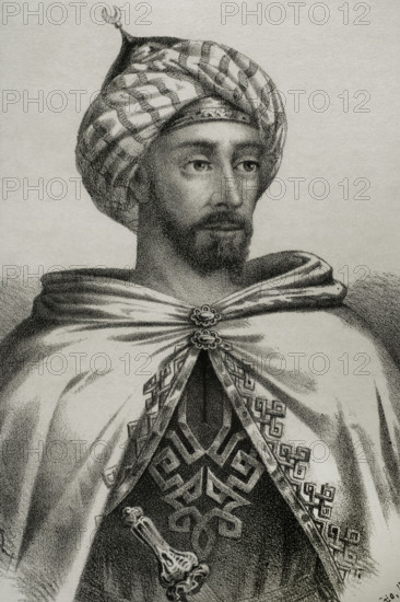 Abu Addallah Muhammad XII (1459-1533), known in Europe as Boabdil. Last Nasrid ruler of the Emirate of Granada in Iberia. His first reign was between 1482 and 1483; his second between 1487 and 1492. Portrait. Lithography. ""Cronica General de Espana, Historia Ilustrada y Descriptiva de sus Provincias. Andalucia"", 1869.