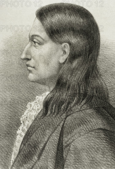 Claudio Coello (1642-1693). Spanish Baroque painter. He was a court painter for Charles II. Portrait. Drawing by Llanta. Lithography. Detail. ""Cronica General de Espana, Historia Ilustrada y Descriptiva de sus Provincias. Andalucia"", 1869.