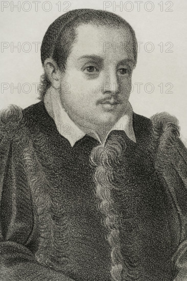 Vicente Espinel (1550-1624). Spanish writer and musician of the Spanish Golden Age. Portrait. Drawing by Llanta. Portrait. Lithography. Detail. ""Cronica General de Espana, Historia Ilustrada y Descriptiva de sus Provincias. Andalucia"", 1869.