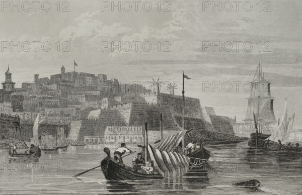 Valletta, Malta. General view of the city. Engraving. Lemaitre direxit. History of Malta and Gozo, by Frederic Lacroix. Panorama Universal, Spanish edition, printed in Barcelona, 1850.