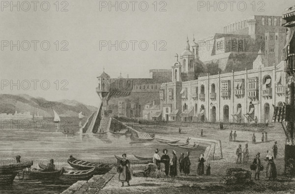 Valletta, Malta. Dock. Engraving. Lemaitre direxit. History of Malta and Gozo, by Frederic Lacroix. Panorama Universal, Spanish edition, printed in Barcelona, 1850.