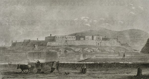 Kalkara, Malta. Fort Ricasoli. Bastioned fort built by the Order of Saint John between 1670 and 1698. It occupies a promontory known as Gallows' Point on the north shore of Rinella Bay, protecting the entrance to the Grand Harbour. Panoramic view. Engraving. Lemaitre direxit. History of Malta and Gozo, by Frederic Lacroix. Panorama Universal, Spanish edition, printed in Barcelona, 1850.