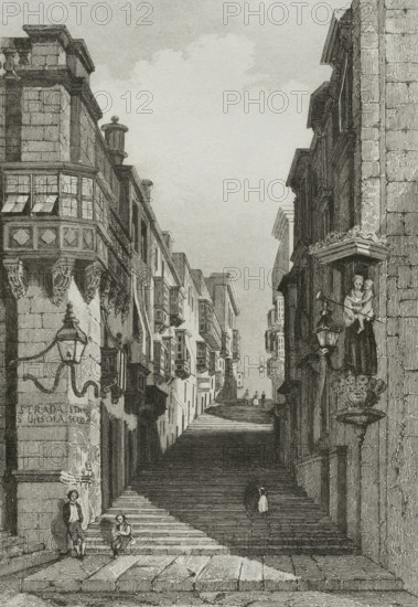 Valletta, Malta. Saint John street. Engraving. Lemaitre direxit. History of Malta and Gozo, by Frederic Lacroix. Panorama Universal, Spanish edition, printed in Barcelona, 1850.