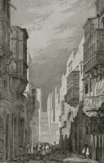 Valletta, Malta. Saint Ursula street. Engraving. Lemaitre direxit. History of Malta and Gozo, by Frederic Lacroix. Panorama Universal, Spanish edition, printed in Barcelona, 1850.