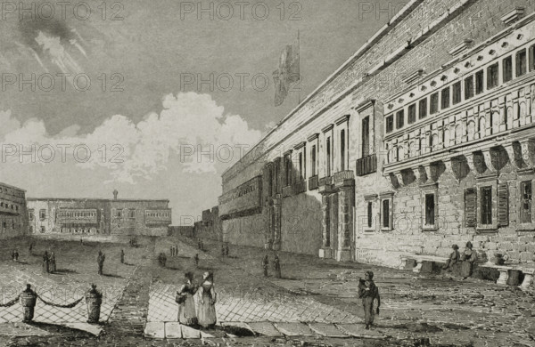 Valletta, Malta. Grandmaster's Palace. Built between the 16th and 18th centuries, it was the residence of the Grand Master of the Order of Saint John. View of the building main facade. Engraving. Lemaitre direxit. History of Malta and Gozo, by Frederic Lacroix. Panorama Universal, Spanish edition, printed in Barcelona, 1850.