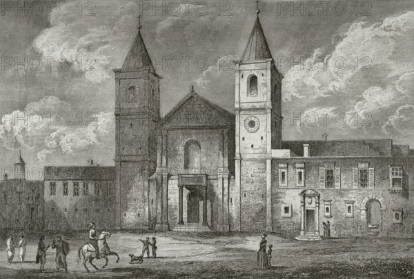 Valletta, Malta. Saint John's Co-Cathedral. Its construction was financed and promoted in 1572 by Jean de La Cassiere (1502-1581), Grand Master of the Order of Malta. It was erected between 1573 and 1578, following the design of the Maltese military architect Girolamo Cassar (c. 1520-c. 1592). General view of the main facade. Engraving. Lemaitre direxit. History of Malta and Gozo, by Frederic Lacroix. Panorama Universal, Spanish edition, printed in Barcelona, 1850.