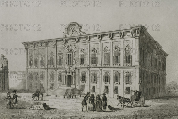 Valletta, Malta. Auberge de Castille. Building constructed in the Baroque style under the Portuguese Grand Master Manuel Pinto da Fonseca (1681-1773) in the 1740s. It replaced a 1574 building erected to house knights of the Order of Saint John from the langue of Castile, Leon and Portugal. Engraving. Lemaitre direxit. History of Malta and Gozo, by Frederic Lacroix. Panorama Universal, Spanish edition, printed in Barcelona, 1850.