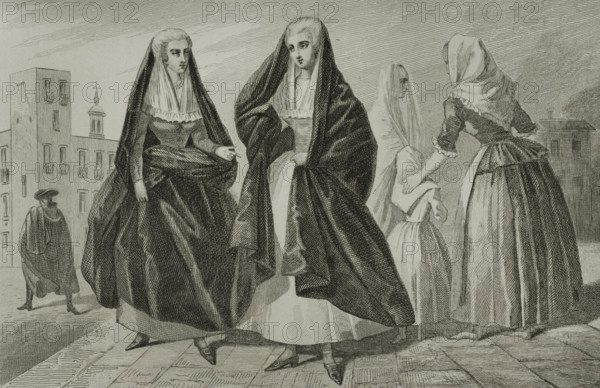 Malta. Women in 18th century traditional costumes. Engraving. Lemaitre direxit. History of Malta and Gozo, by Frederic Lacroix. Panorama Universal, Spanish edition, printed in Barcelona, 1850.