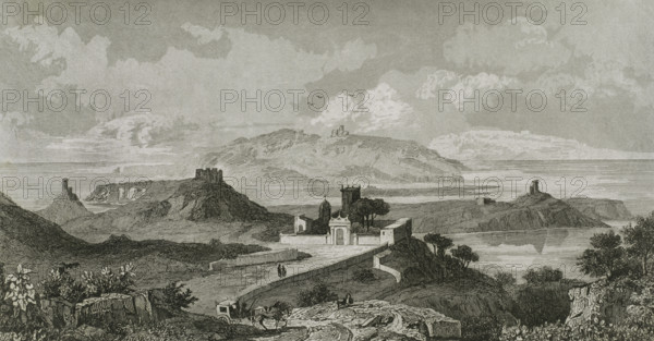 Island of Gozo, Malta. Panoramic view of the landscape. Engraving. Lemaitre direxit. History of Malta and Gozo, by Frederic Lacroix. Panorama Universal, Spanish edition, printed in Barcelona, 1850.