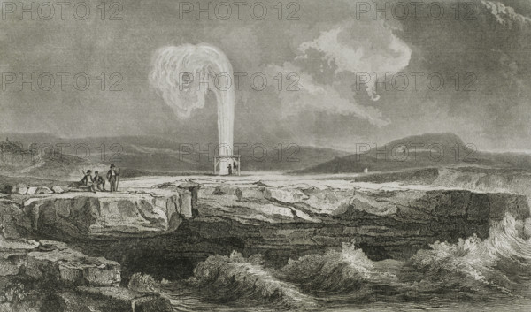 Malta. Ghar il-Qamh, island of Gozo. Clockmaker's Salt pans. Water jet. Engraving. Lemaitre direxit. History of Malta and Gozo, by Frederic Lacroix. Panorama Universal, Spanish edition, printed in Barcelona, 1850.