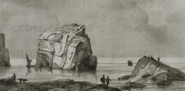 Malta. Dwejra, island of Gozo. Mushroom Rock (Fungus Rock). Engraving. Lemaitre direxit. History of Malta and Gozo, by Frederic Lacroix. Panorama Universal, Spanish edition, printed in Barcelona, 1850.