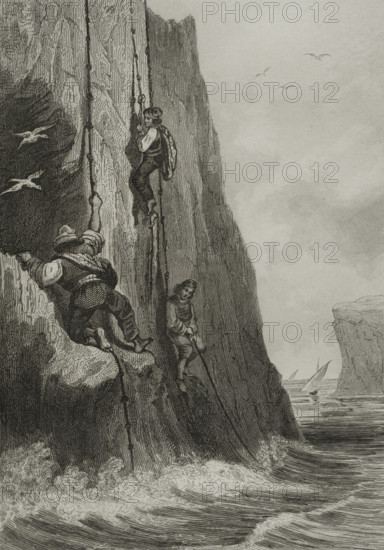 Island of Gozo, Malta. Fishermen on the cliffs. Engraving. Lemaitre direxit. History of Malta and Gozo, by Frederic Lacroix. Panorama Universal, Spanish edition, printed in Barcelona, 1850.