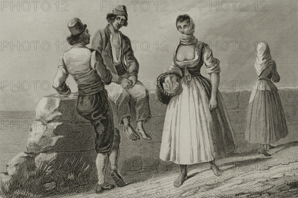 Malta. People from the island of Gozo in traditional costumes. Engraving. Lemaitre direxit. History of Malta and Gozo, by Frederic Lacroix. Panorama Universal, Spanish edition, printed in Barcelona, 1850.