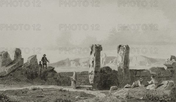 Xaghra, Island of Gozo, Malta. Ggantija. Ruins of a megalithic temple dating from the Neolithic era (from 3600 to 3200 BC). Engraving. Lemaitre direxit. History of Malta and Gozo, by Frederic Lacroix. Panorama Universal, Spanish edition, printed in Barcelona, 1850.