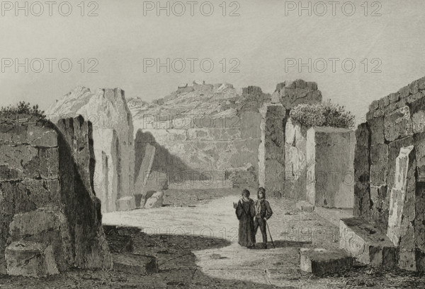 Xaghra, Island of Gozo, Malta. Ggantija. View of the sanctuary on the left of the first entrance, dating from the Neolithic era (from 3600 to 3200 BC). Engraving. Lemaitre direxit. History of Malta and Gozo, by Frederic Lacroix. Panorama Universal, Spanish edition, printed in Barcelona, 1850.