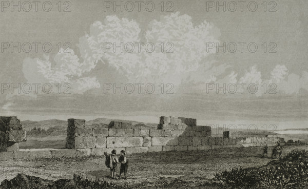 Malta. Ruins of the temple of Hercules near Marsaxlokk. Engraving. Lemaitre direxit. History of Malta and Gozo, by Frederic Lacroix. Panorama Universal, Spanish edition, printed in Barcelona, 1850.