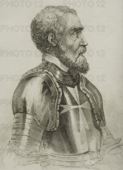Jean de Valette (Jean Parisot de Valette) (c. 1494-1568). French nobleman and Grand Master of the Order of Malta. Portrait. Engraving. Lemaitre direxit. History of Malta and Gozo, by Frederic Lacroix. Panorama Universal, Spanish edition, printed in Barcelona, 1850.