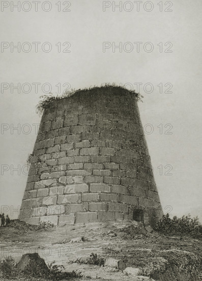 Sardinia. Nuraghe, megalithic building. Drawing by Vormser. Engraving by A. Kinnewel. Lemaitre direxit. History of Malta and Gozo, by Frederic Lacroix. Panorama Universal, Spanish edition, printed in Barcelona, 1850.