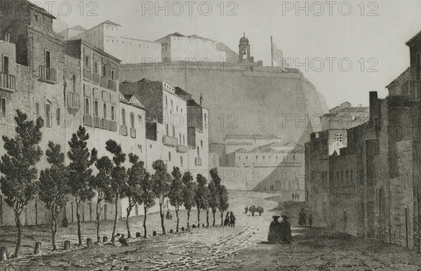 Sardinia. Cagliari. Interior view of the city. Drawing by Vormser. Engraving by A. Kinnewel. Lemaitre direxit. History of Malta and Gozo, by Frederic Lacroix. Panorama Universal, Spanish edition, printed in Barcelona, 1850.