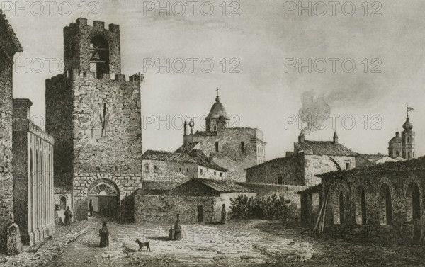 Sardinia. Oristano. Torre di San Cristoforo (Tower of St. Christophoros), erected in 1290. It was one of the entrance gates to the town in medieval times. Drawing by Vormser. Engraving by Lalaisse. Lemaitre direxit. History of Malta and Gozo, by Frederic Lacroix. Panorama Universal, Spanish edition, printed in Barcelona, 1850.