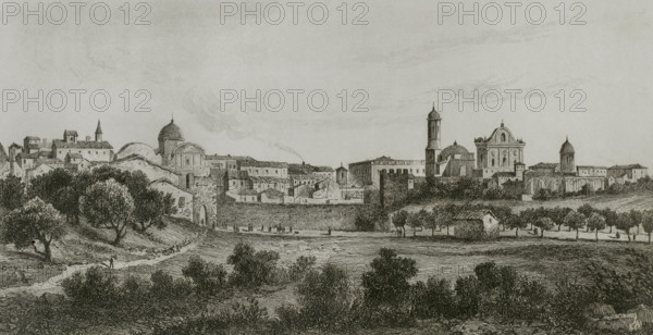 Sardinia. Sassari. General view of the city. Drawing by Vormser. Engraving by Lalaisse. Lemaitre direxit. History of Malta and Gozo, by Frederic Lacroix. Panorama Universal, Spanish edition, printed in Barcelona, 1850.