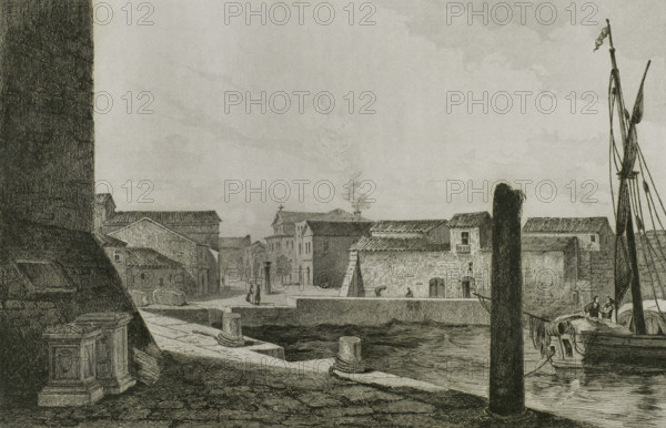 Sardinia. Porto Torres (Posthudorra). View of the town. Drawing by Vormser. Engraving by Traversier. Lemaitre direxit. History of Malta and Gozo, by Frederic Lacroix. Panorama Universal, Spanish edition, printed in Barcelona, 1850.