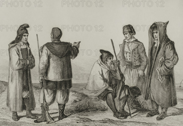 Sardinia. Sardinian traditional costumes. Engraving by Chaillot. Lemaitre direxit. History of Malta and Gozo, by Frederic Lacroix. Panorama Universal, Spanish edition, printed in Barcelona, 1850.