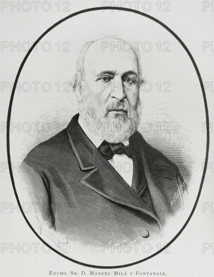 Manuel Mila y Fontanals (1818-1884). Spanish philologist, historian and literary critic. Portrait. Drawing by Badillo. Engraving by Arturo Carretero (1852-1903). The Spanish and American Illustration (La Ilustracion Espanola y Americana), 1884.