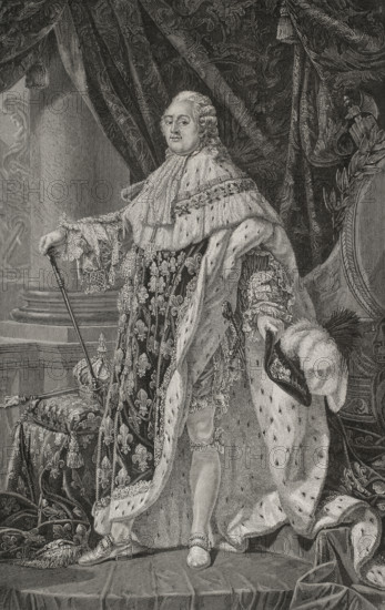Louis XVI (1754-1793). King of France (1774-1792). He was the last king of France before the fall of the monarchy during the French Revolution. Portrait. Engraving after a painting, dated between 1778 and 1779, by Antoine Callet (1741-1823). ""History of the French Revolution"". Volume I, 1876.