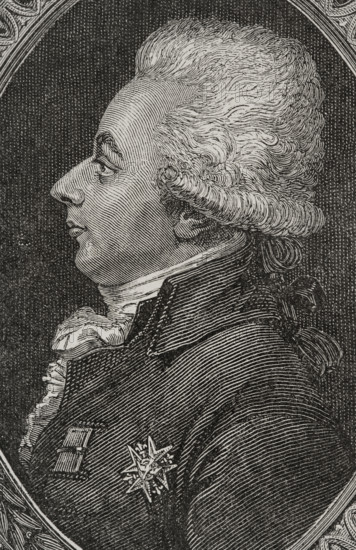 Francois Alexandre Frederic de La Rochefoucauld (1747-1827), Duke of Liancourt and Duke de La Rochefoucauld (1792). French nobleman and military officer. He was elected to the Estates General in 1789, where he tried unsuccessfully to support the monarchy while promoting social reform. Portrait. Drawing by Hippolyte de la Charlerie. Engraving by Pannemaker. ""History of the French Revolution"". Volume I, 1876.