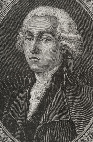 Adrien Duport (Adrien Jean-Francois Duport) (1759-1798). French magistrate. Prominent constitutional monarchist during the first stages of the French Revolution of 1789. Portrait. Drawing by Hippolyte de la Charlerie. Engraving by Pannemaker. ""History of the French Revolution"". Volume I, 1876.