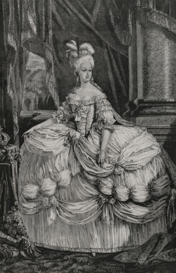Marie Antoinette (1755-1793). Queen consort of France by her marriage to Louis XVI of France. She was sentenced to death for treason after being tried by the Revolutionary Tribunal. On 16 October 1793 she was guillotined. Portrait. Drawing by Hippolyte de la Charlerie. Engraving by Pannemaker. ""History of the French Revolution"". Volume I, 1876.