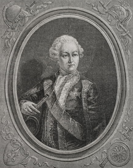 Victor-Francois de Broglie (1718-1804), 2nd Duke of Broglie. Aristocrat and Marshal of France. He took part in the War of the Austrian Succession, the Seven Years' War, the American Revolutionary War and the French Revolutionary Wars. He was one of the leaders of the Armee des emigres (Army of the emigres) that tried to oppose the French Revolution. Portrait. Drawing by Hippolyte de la Charlerie. Engraving by Pannemaker. ""History of the French Revolution"". Volume I, 1876.