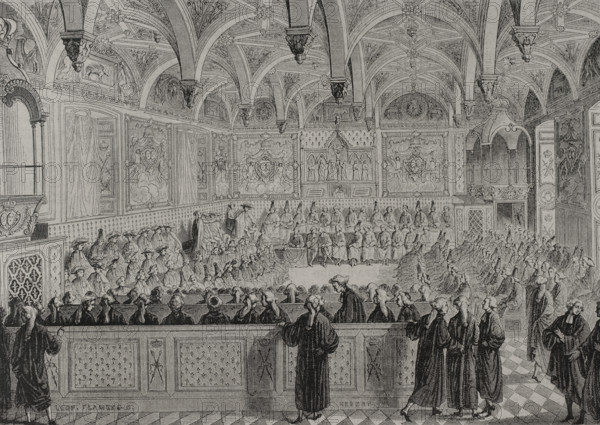 History of France. Extraordinary session of the Parlement of Paris, presided over by King Louis XVI (1754-1793) at the Palais de Justice, 19 November 1787. The royal treasury was on the verge of bankruptcy. The king tried to convince the parliamentarians of the need to put an end to the exemption of the nobility and the clergy from land tax. His attempt failed, and they continued to fail to implement the reforms. Engraving. ""History of the French Revolution"". Volume I, 1876.
