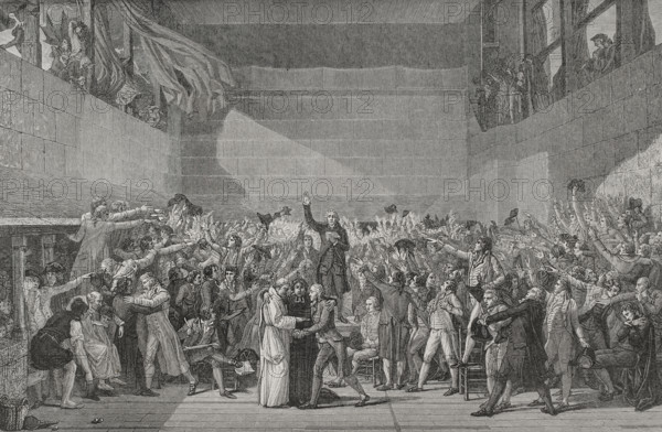 French Revolution. Tennis Court Oath (20 June 1789). Solemn pledge of union with the aim of putting an end to the Ancien regime. It took place in a tennis court (Jeu de Paume) at Versailles by 578 French deputies. Convened there as part of the Estates General of 1789, they were overwhelmingly members of the Third Estate, with some representatives of the clergy and nobility. Engraving. ""History of the French Revolution"". Volume I, 1876.