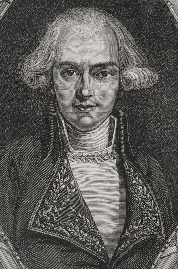 Jean-Joseph Mounier (1758-1806). French politician and jurist. Elected deputy of the Third State for the Dauphine to the Estates General of 1789. He defended constitutional monarchy. Portrait. Engraving by Pannemaker. ""History of the French Revolution"". Volume I, 1876.