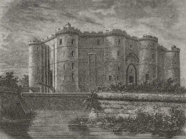 History of France. Paris. The Bastille. Fortress built in 1370 to defend the eastern entrance to the city against possible English attacks in the Hundred Years' War. For most of its history it was used as a state prison. Engraving. ""History of the French Revolution"". Volume I, 1876.