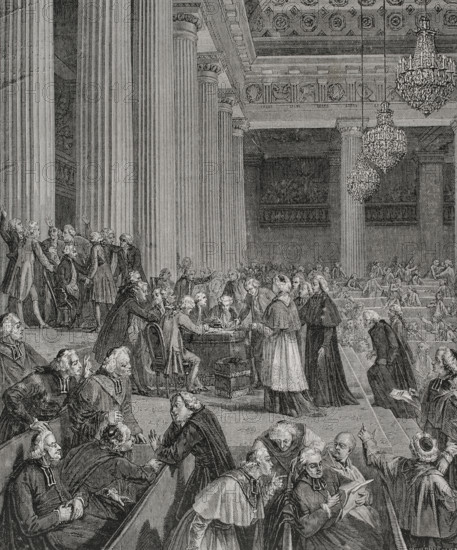 French Revolution. Night of 4 August 1789. Session of the Constituent Assembly during which the feudal system was abolished in France, definitively abolishing the rights and privileges of the nobility and the clergy. It took place in the hall of the Hotel des Menus-Plaisirs in Versailles. Renunciation of privileges. Drawing by Hippolyte de la Charlerie. Engraving by Pannemaker. ""History of the French Revolution"". Volume I, 1876.