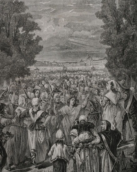 French Revolution. The Women's March on Versailles, also called the October March (5-6 October 1789). The events began on 5 October 1789, among women in the marketplaces of Paris who protested against high prices, the high price of bread and demands for social reforms. The demonstrators joined the revolutionaries who demanded liberal political reforms and a constitutional monarchy for France. Subsequently, a crowd of thousands of Parisian citizens, encouraged by revolutionary agitators, ransacked the city armory and marched on the palace of Versailles, besieging it. The next day, the demonstrators forced the king, his family and a hundred of deputies of the Estates General to return with them to the Tuileries Palace in Paris. The women of Paris on their way to Versailles. Drawing by Hippolyte de la Charlerie. Engraving by Pannemaker. ""History of the French Revolution"". Volume I, 1876.