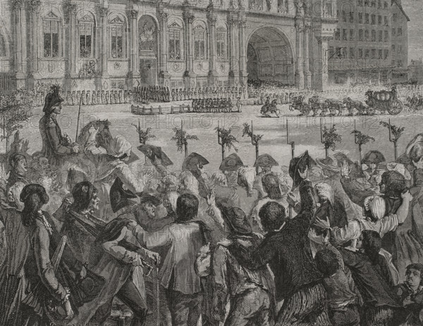 French Revolution. King Louis XVI (1754-1793) arriving at the town hall of Paris on 17 July 1789. The King visited Paris on that date and was welcomed at the Hotel de Ville by Lafayette and Jean Sylvain Bailly (1736-1793), who had been appointed Mayor of Paris on 15 July. Sensing the events that were about to unfold, several prominent members of the nobility, including the Count of Artois, the Prince of Conde, the Baron de Breteuil, the Duke of Enghien, the Duke of Broglie, the Duke of Polignac and his wife, were the first to leave France. Drawing by Jonnard. Engraving by Pannemaker. ""History of the French Revolution"". Volume I, 1876.