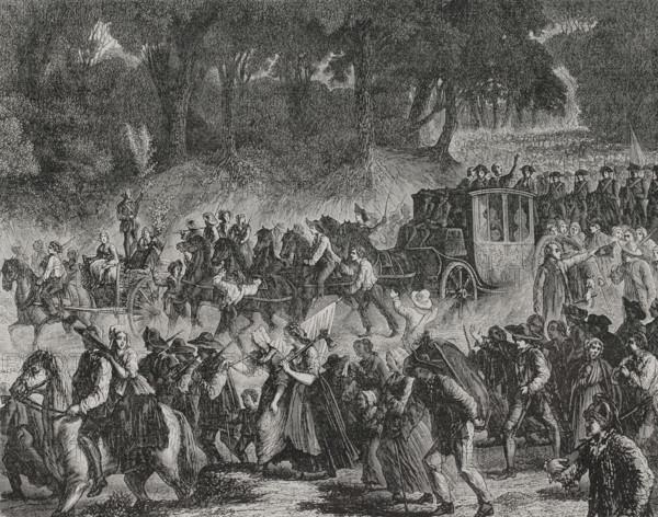 French Revolution. Flight to Varennes (20-21 June 1791). King Louis XVI (1754-1793) and his family were arrested at Varennes on 21 June 1791 as he tried to reach the Royalist stronghold of Montmedy. Back from Varennes the royal family was brought back to Paris on 25 June 1791, escorted by the National Guard and armed people. The royal family returning to Paris after their arrest in Varennes. Drawing by Hippolyte de la Charlerie. Engraving by Hebert. ""History of the French Revolution"". Volume I, 1876.