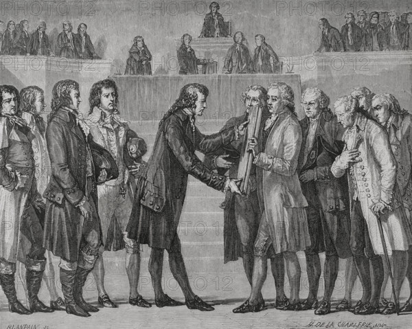French Revolution. French Constitution of 1791. It was the first written constitution in France, established after the collapse of the absolute monarchy of the Ancien Regime. It enacted popular sovereignty. King Louis XVI (1754-1793) swearing on the Book of the Constitution before the National Assembly, 14 September 1791. Drawing by Hippolyte de la Charlerie. Engraving by Blanpain. ""History of the French Revolution"". Volume I, 1876.